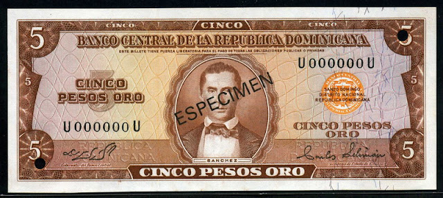Dominican Currency money 5 Dominican Pesos Oro Banknote