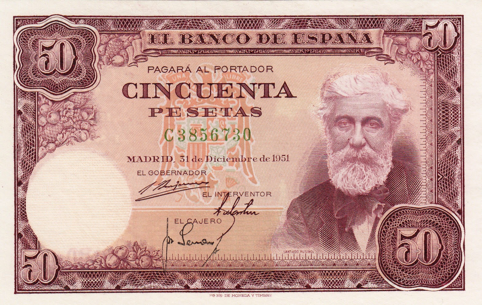 Spain Banknotes 50 Pesetas banknote 1951 Santiago Rusinol