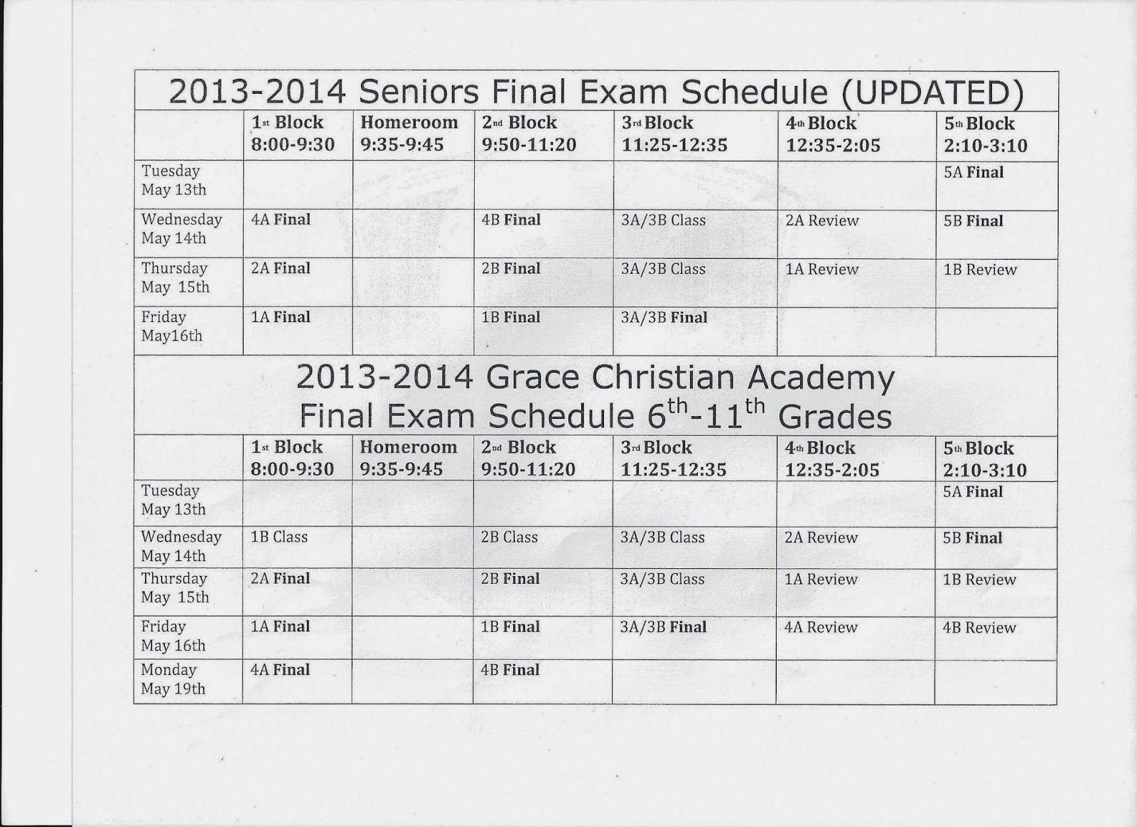 Grace Christian Academy Final Exam Schedule