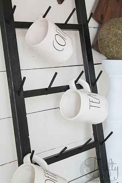 DIY coffee cup display rack. Easy to wall mount! Great way to display Rae Dunn pieces. DIY farmhouse decor