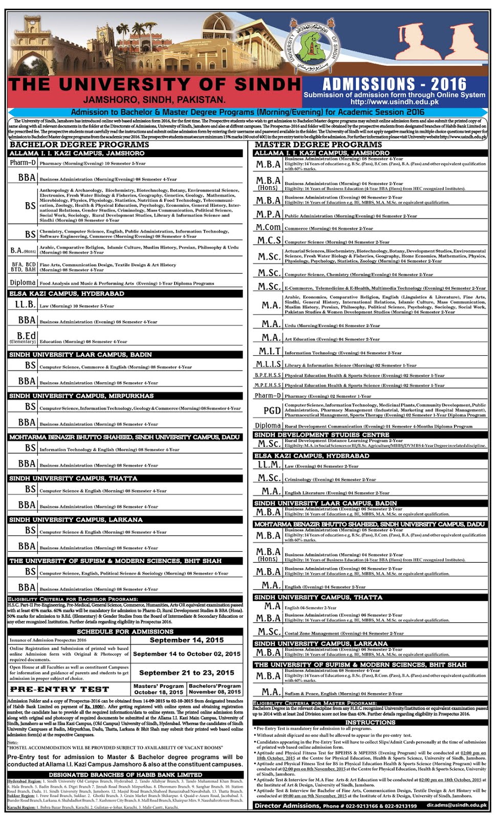 Sindh University BA, BSc Examination Admission Schedule 2016