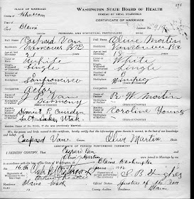 Washington State Archives, "Marriage Records," database, Washington State Archives - Digital Archives (http://www.digitalarchives.wa.gov/ : accessed 3 Feb 2015), entry for Carpard Van and Olive Martin, married 16 Jun 1912. 