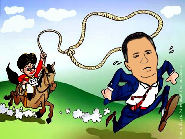 Charge política TCE a cavalo perseguindo prefeito Sérgio Miranda - Panelas-PE