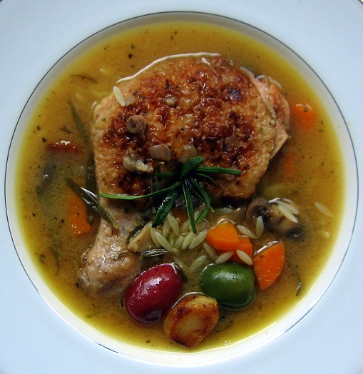 Garlic Rosemary Chicken Stew with Rainbow Olives