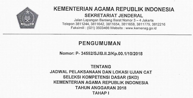 Jadwal Pelaksanaan dan Lokasi Ujian CAT (SKD) Kementerian Agama RI Tahun Anggaran 2018 Tahap 1