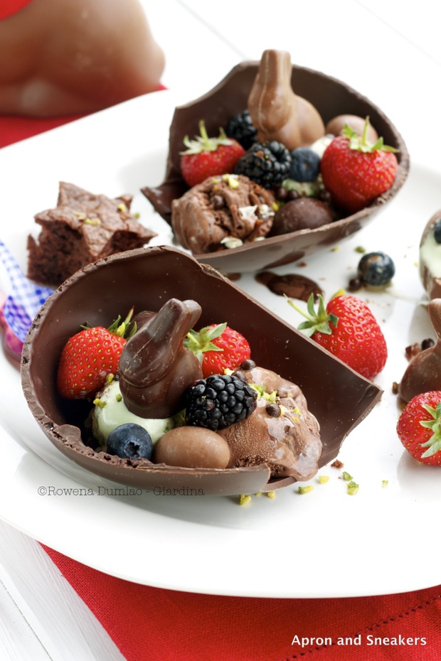 Easter Chocolate Egg, Ice Cream and Berry Dessert