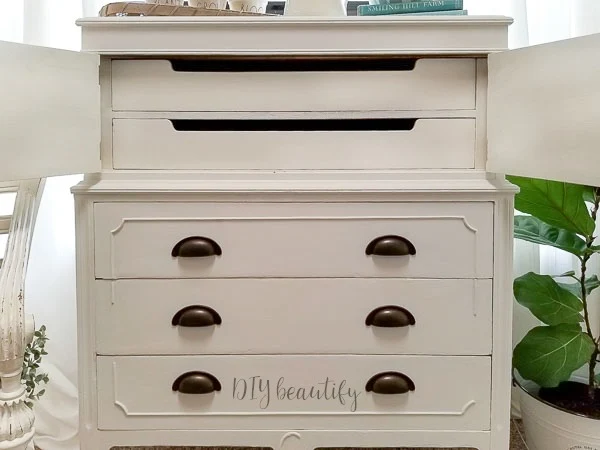 cottage white dresser drawers with brass cup pulls