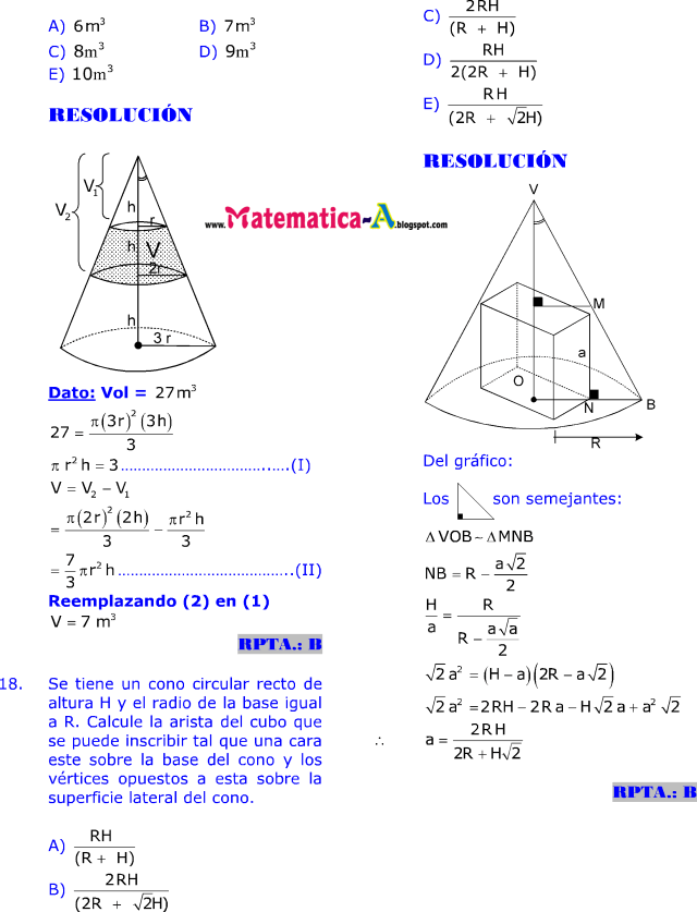 CILINDRO Y CONO EJERCICIOS DESARROLLADOS MATEMATICAS PROBLEMAS RESUELTOS CILINDRO Y CONO EJERCICIOS DESARROLLADOS MATEMATICAS PROBLEMAS RESUELTOS
