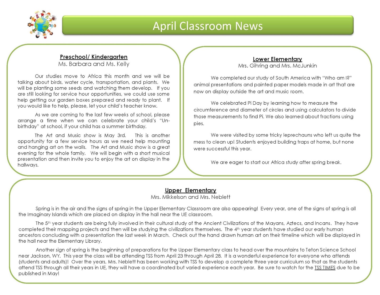Snake River Montessori School Blog April Calendar Snake River
