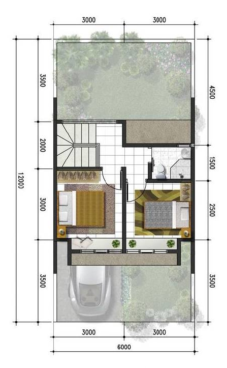 LINGKAR WARNA 2  Denah  rumah  minimalis  ukuran 6x12 meter 2  kamar  tidur  2  lantai  tampak depan