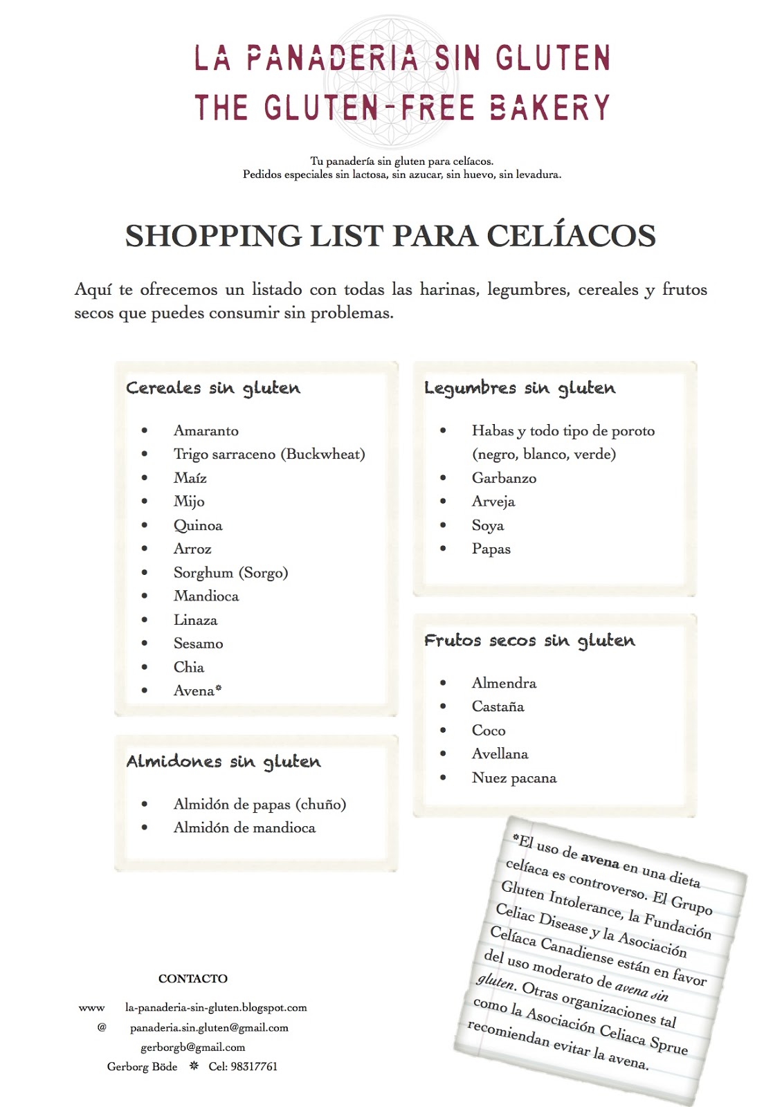 La Panaderia Sin Gluten Shopping List para Celíacos La Panaderia Sin Gluten Shopping List para Celíacos