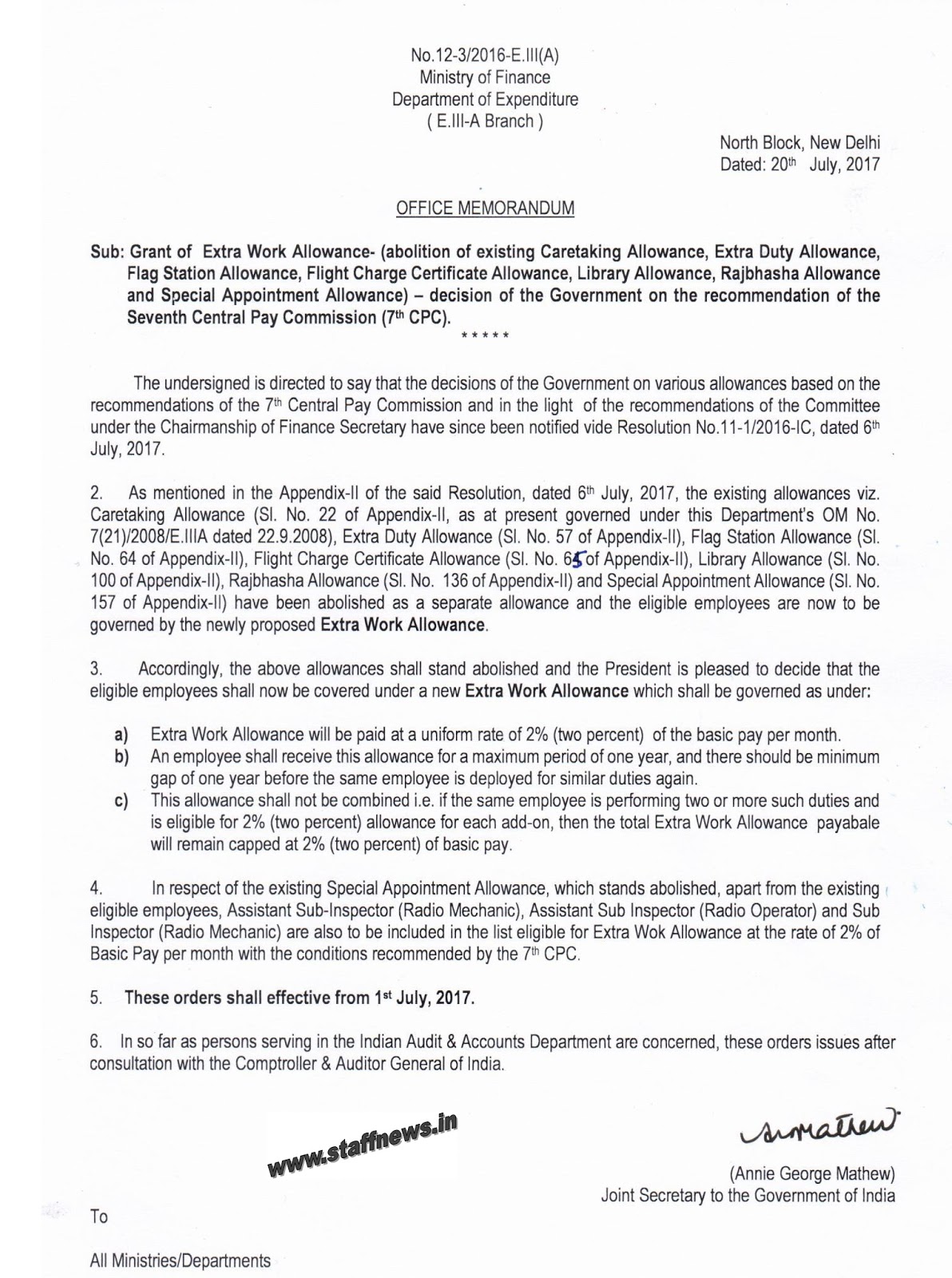 7th CPC Extra Work Allowance Order Abolition of Caretaking Allowance