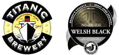 What it says in caption ... Titanic Brewery's logo has a drawing of the ship coming straight at you surrounded by the the words Traditional Ales and Est 1985, the Welsh Black pump clip has a moody celtic symbol above the words and is apparently a rich and velvety black ale with flavours of malt, coffee and chocolate