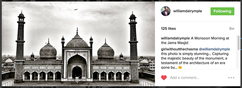 Few months back when I came across William Dalrymple's profile on Instagram, I was impressed to see photographs by an accomplished writer. Many time popular personalities have portraits or some casual shots, but his feed is class apart and unique. This Photo Journey shares some of the photographs clicked by William Dalrymple  and what makes his Instagram profile so interesting to be featured on Travellingcamera.com . Check out our next post in 'In the Spotlight ' series and get inspired to click better Travel photographs with eye-catching details.First this first - As you start checking his profile, you would read something like this as introduction - " William Dalrymple - Goatherd and Kabooter baz www.williamdalrymple.uk.com "Apart from being an awesome Travel Writer, he is also a brilliant photographer. This time, we don't have an interview in this series, but we found it quite interesting & inspiring to share with viewers of Travellingcamera. Vibha  interviewed him last year and that interview can be checked here .  And there is a reason why I have picked only Jama Masjid photographs from William's Instagram feed. These are the photographs which caught my attention when I was going through Jama Masjid photographs on Instagram. And these images stood out in all. And then I found that photographs are clicked by none other than William Dalrymple. Then I started navigating through his Insta-feedLot of historical photographs can be seen in his profile in Black and whites. And there are many interesting wall paintings from different parts of the world. As experienced in his books, he is an avid traveller and a brilliant observer.Carefully notice the compositions of these photographs and you would rarely see such photographs. And in some of these, imagery is telling a lot about the place, people visiting it and action happening.Him Instagram profile can be checked here - 
