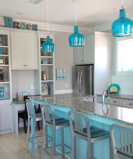 Turquoise Blue Glass Pendant Light in Kitchen