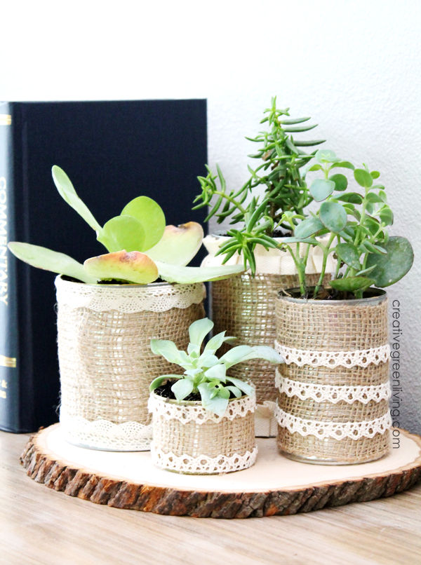 Recycled tin can planters with succulents on a log round centerpiece