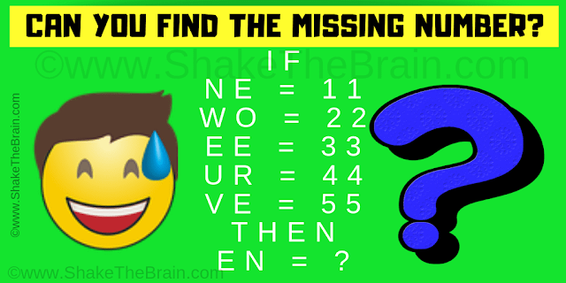 If NE = 11, WO = 22, EE = 33, UR = 44, VE = 55 Then EN =?