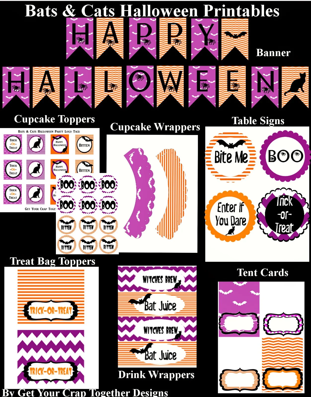 Make your Halloween party memorable with this these free halloween printables for a fun bat and cat party.  Simply download, print and start decorating.