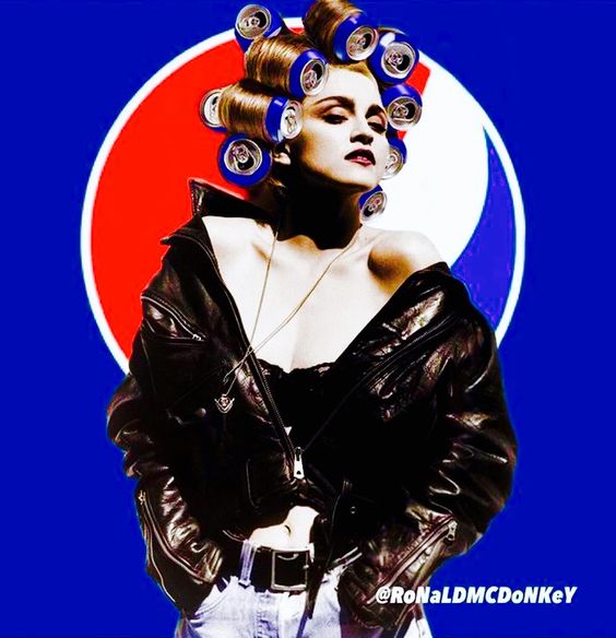 Image of Madonna with Pepsi can rollers, standing in front of the Pepsi Logo Image of Madonna with Pepsi can rollers, standing in front of the Pepsi Logo