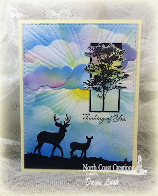 North Coast Creations Stamp sets: Deer Silhouette Greetings, ODBD Custom Dies: Sunburst Background, Clouds and Raindrops 