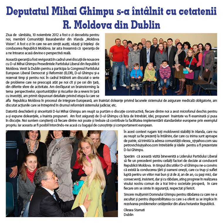 Deputatul Mihai Ghimpu s-a întâlnit cu cetatenii R. Moldova din Dublin