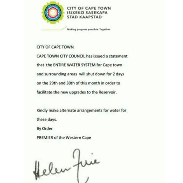 ALERT City of Cape Town will not cut off water supply for two days on