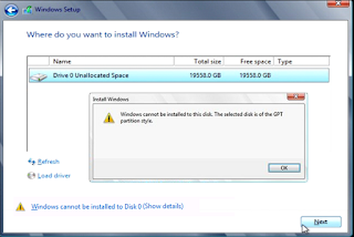 حل مشكلة Windows Cannot be installed To This Disk التى تظهر عند تثبيت الويندوز