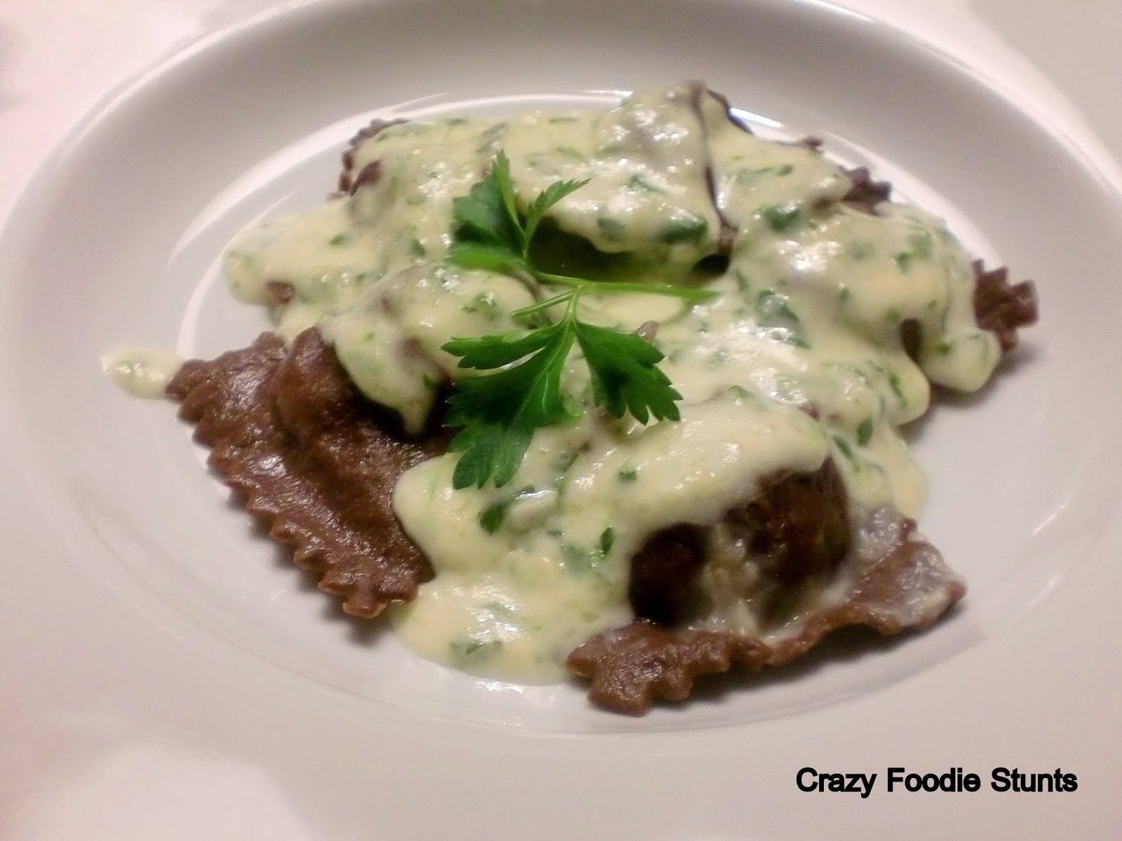 Crazy Foodie Stunts Presenting Chocolate Chicken Marsala Ravioli with