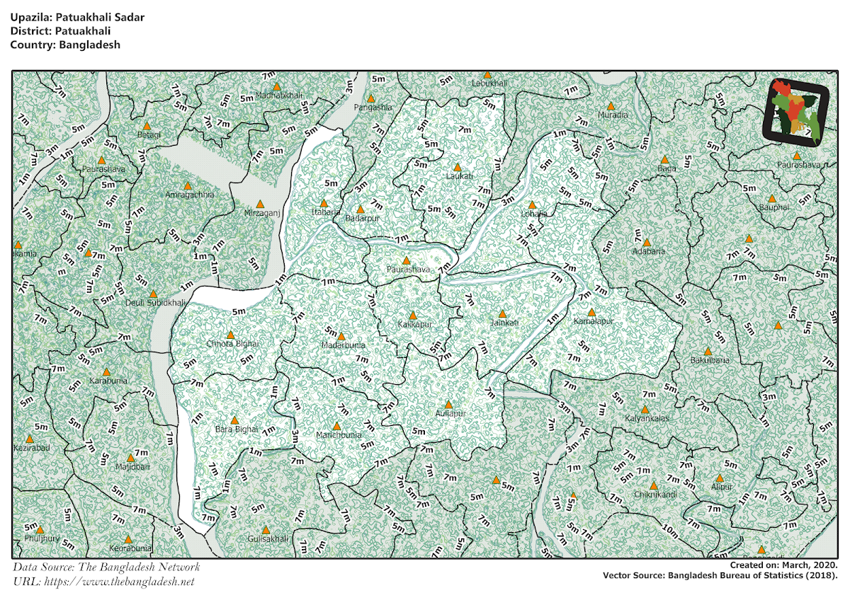 Patuakhali Sadar Upazila Elevation Map Patuakhali District Bangladesh