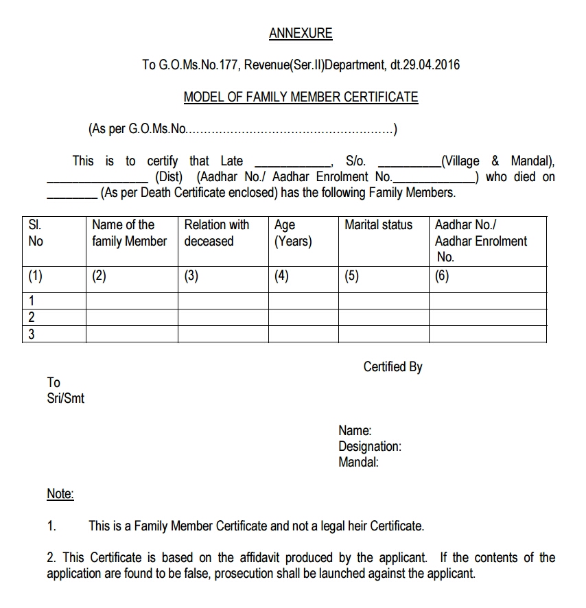 AP Revised format of Family Members Certificate as per G.O.NO177
