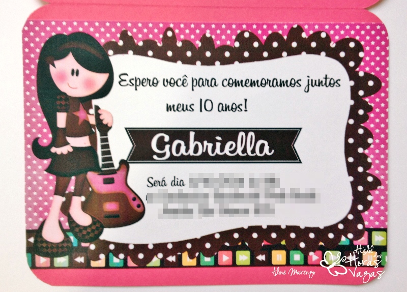 convite artesanal aniversário infantil 10 anos rock and roll música roqueira menina pink guitarra festa