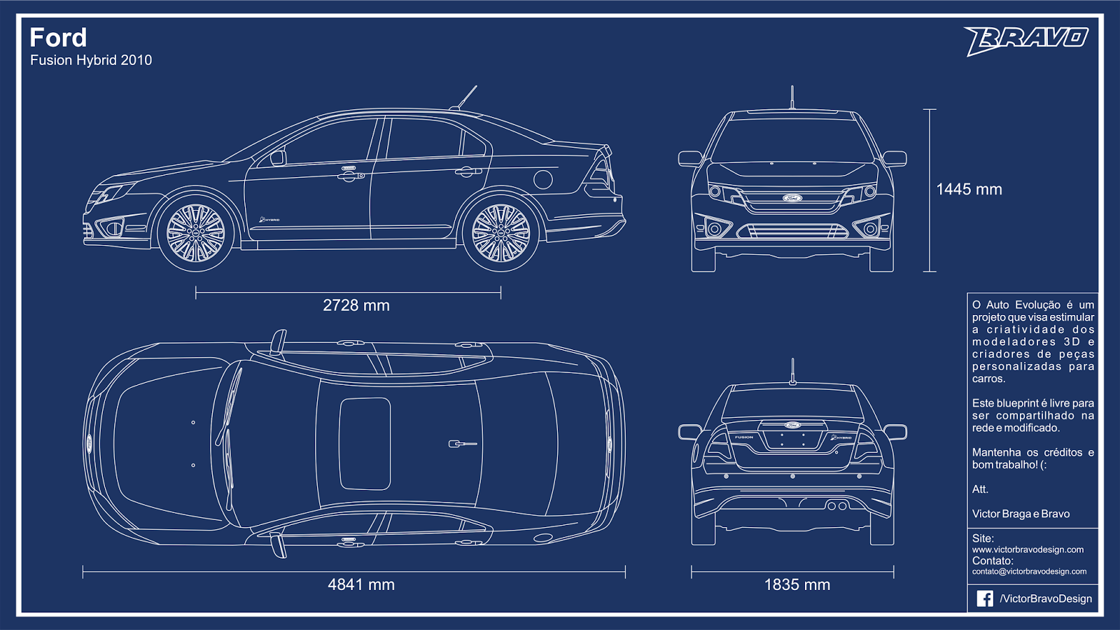 Imagem mostrando o desenho do blueprint do Ford Fusion Hybrid 2010