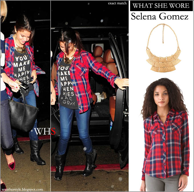 WHAT SHE WORE: Selena Gomez in red plaid shirt with gold bib necklace ...