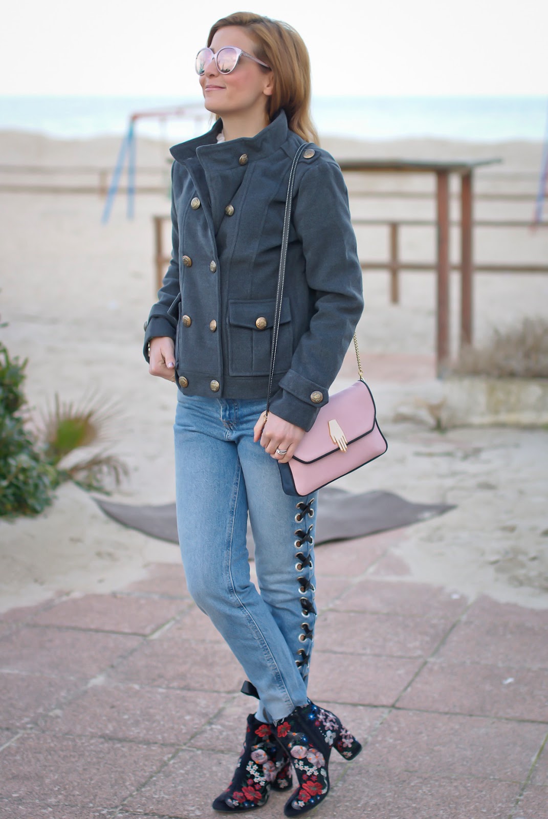 Eyelet jeans and Dresslink grey military jacket on Fashion and Cookies fashion blog, fashion blogger style