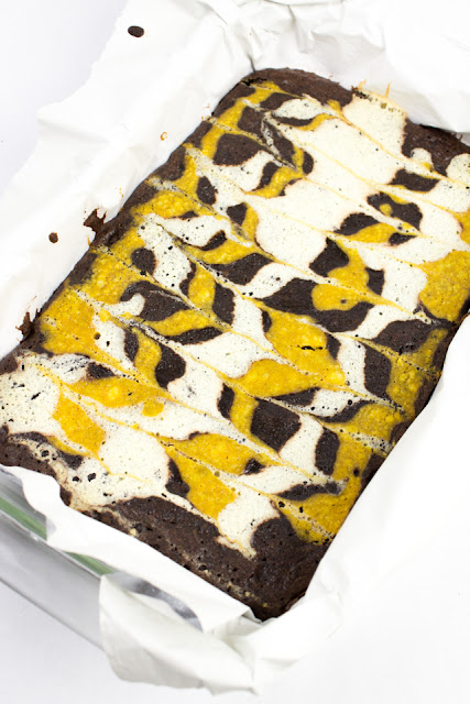 How to Make Groovy Pumpkin, Cheesecake Marbled Brownies- The Easy way to make a groovy fall dessert (with a boxed mix!)