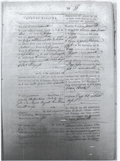 Atto di nascita del Medico Garibaldino Dr. G. Basile (n° inv. A7)