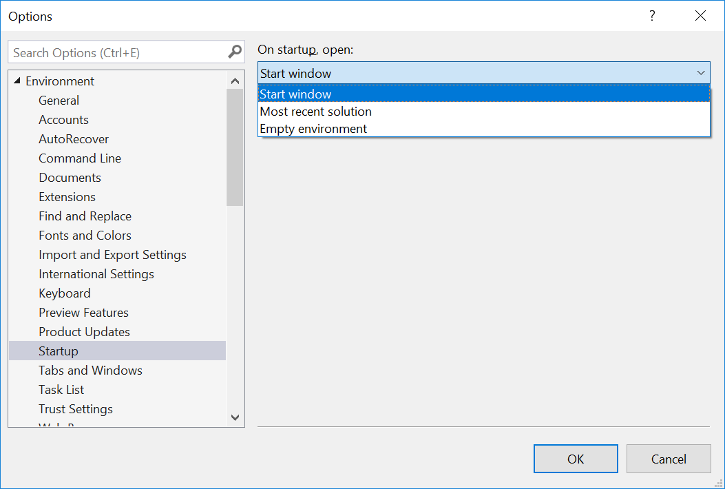 Missing Start Page from Visual Studio 2019