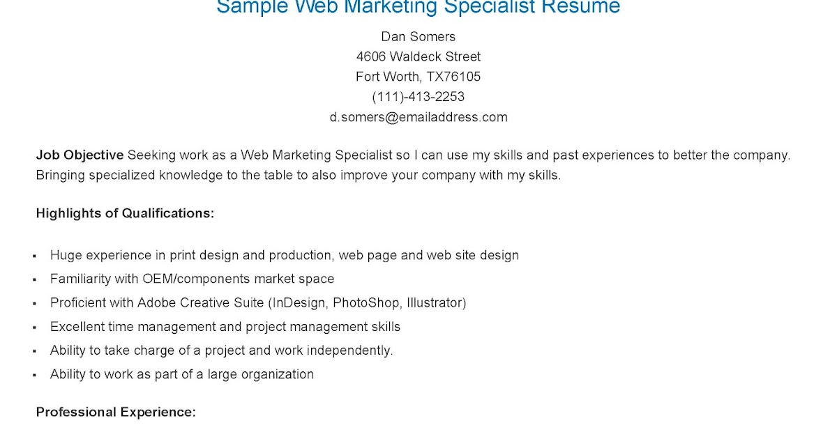 resume samples sample web marketing specialist resume marketing specialist resume sample