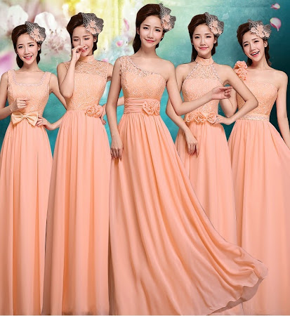 Six-Design Coral Lace Top Chiffon Maxi Bridesmaids Dress
