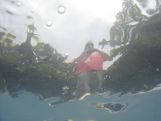 Foto feita de dentro da água mostrando uma pessoa do lado de fora.