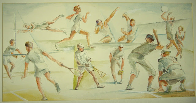 Watercolor of Sporting Figures in White signed by Francis J. Quirk 1965 'Quirk Artist" "Quirk Painter" "Quirk Painting" "Quirk Watercolor" Quirk