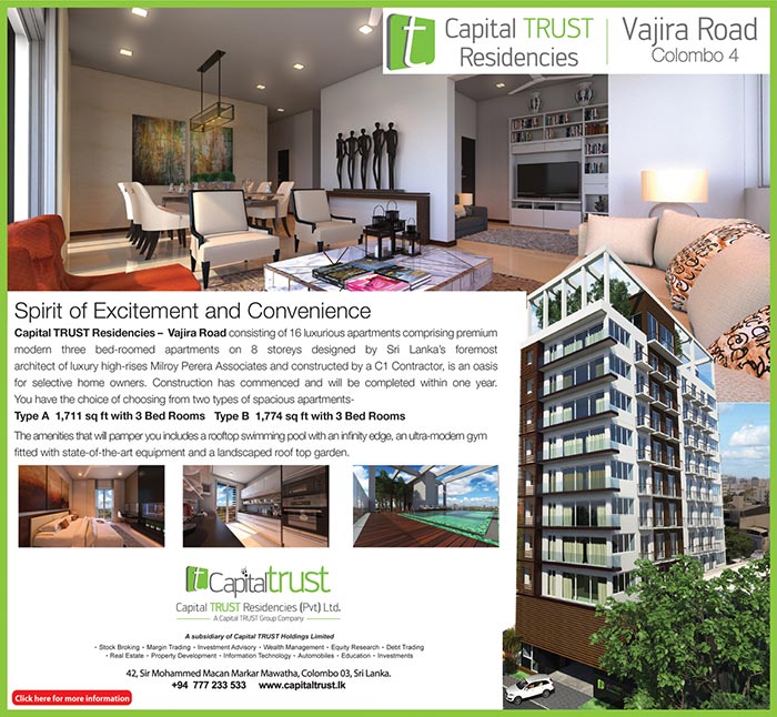 CapitartRuST Residencies - consisting of 18 luxurious apartments composing premium modern Three bed-roomed apartments on 8 stores designed by Sri Lanka's foremost architect luxury high-rise Milroy Perera  Associates and constructed by a C1 Contractor, is an oasis for selective home owners. Construction has commenced and will be completed with in one year. You have the choice of choosing from two type of spacious apartments.