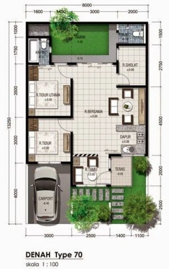 denah rumah minimalis dengan lebar 8 meter 1 lantai