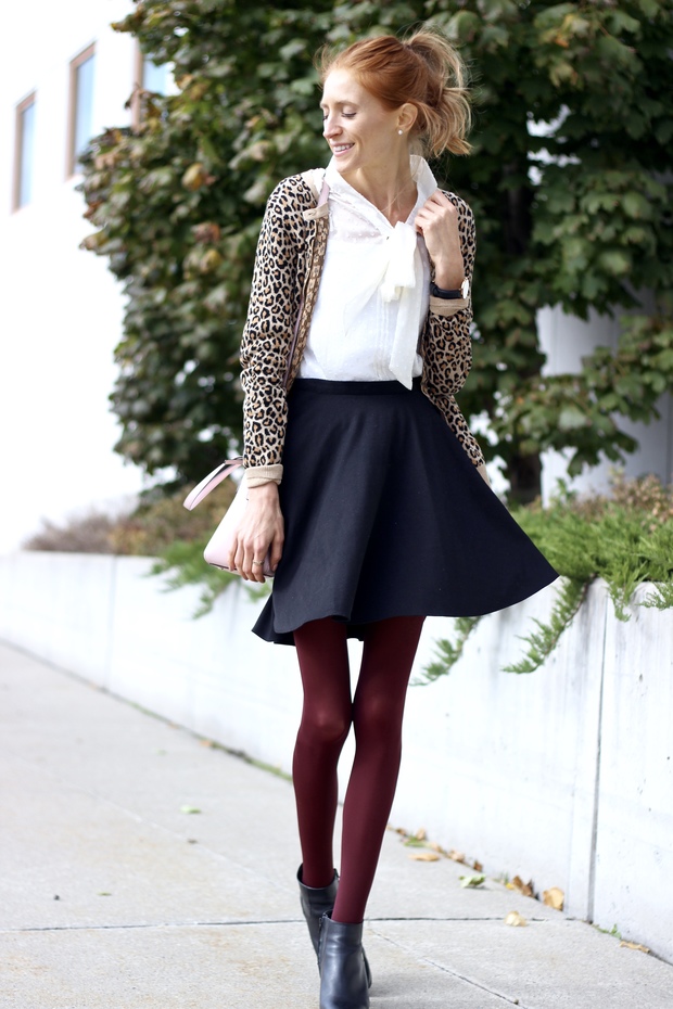 Fall style- Target leopard cardigan, Rachel's Box burgundy tights, blush Kate Spade Maise