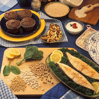 Nuts, oatmeal muffins, grains and fish