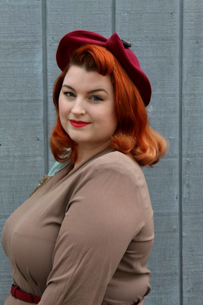 vintage pageboy hairstyle and red 1940s hat from Va Voom Vintage with Brittany