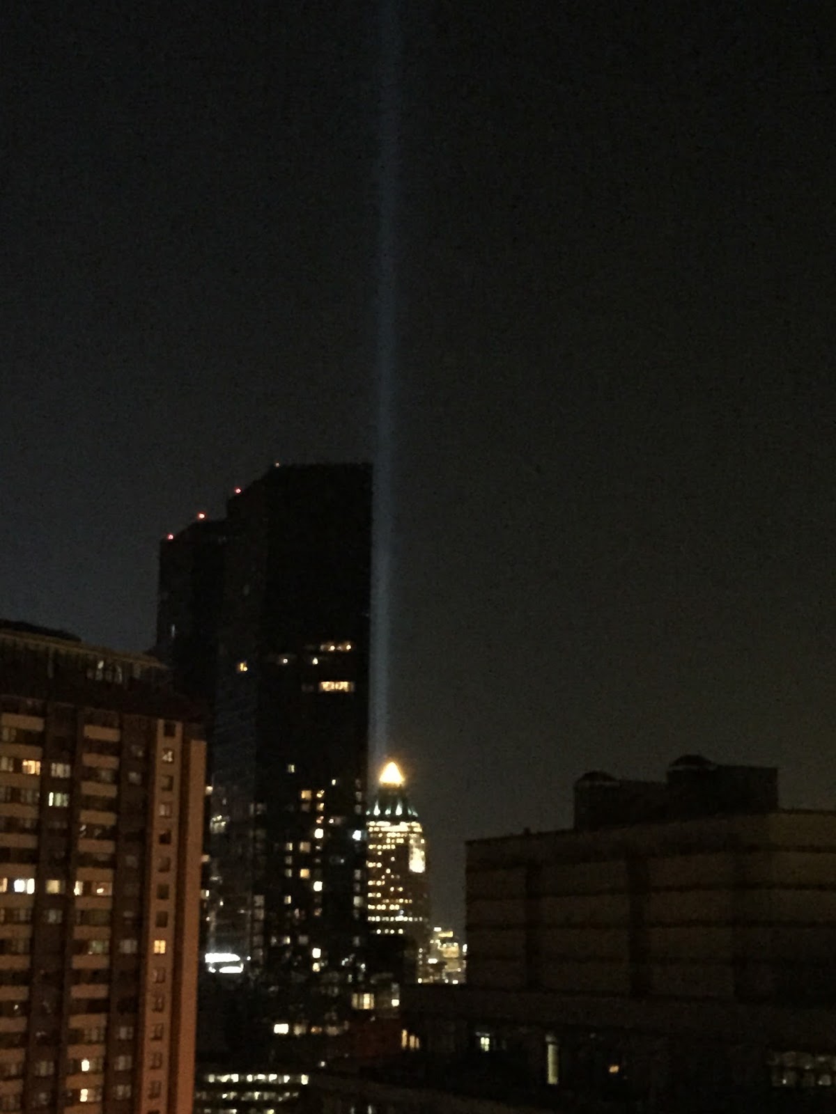 Nielsons in Manhattan Twin Towers lights at night