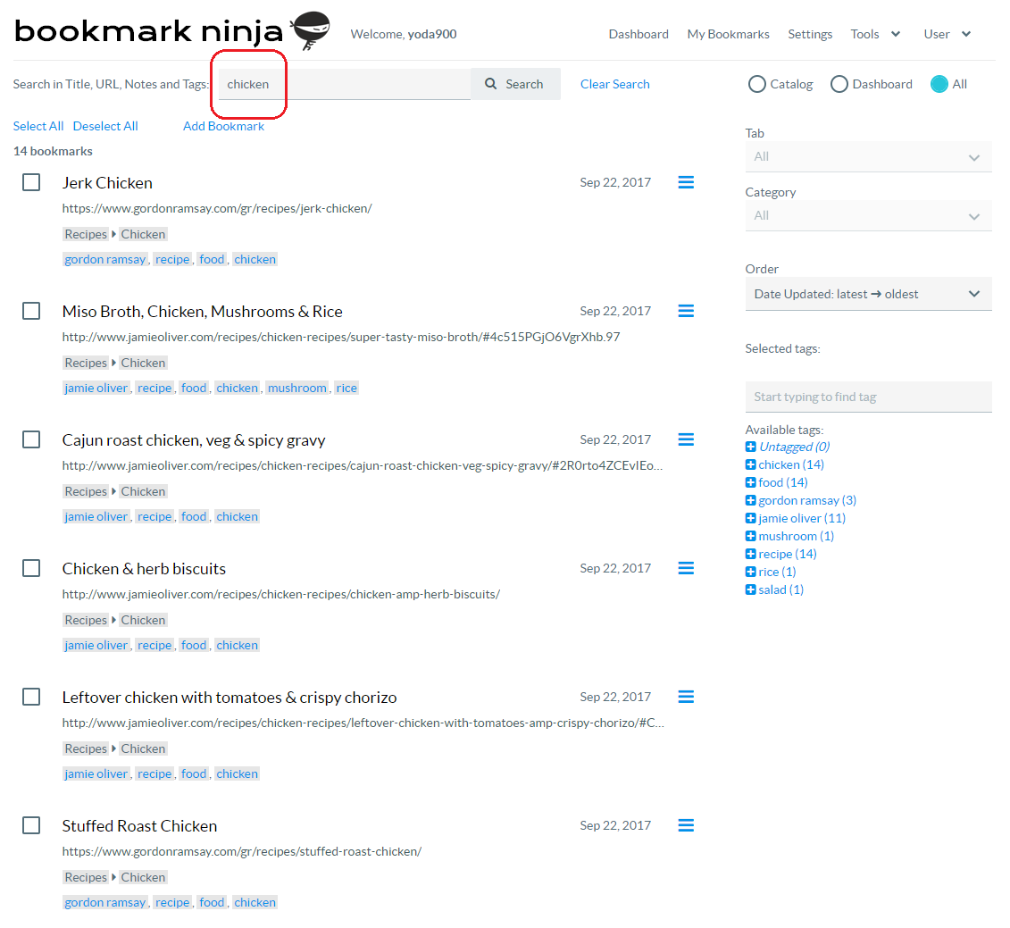 Bookmark Ninja New Feature Find Category and Search Bookmarks on the