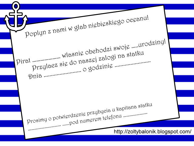 żółty Balonik Pirackie Zaproszenia Ii