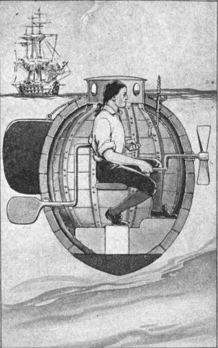 A cutaway depiction of David Bushnell's Turtle from The story of the submarine By Farnham Bishop, 1916